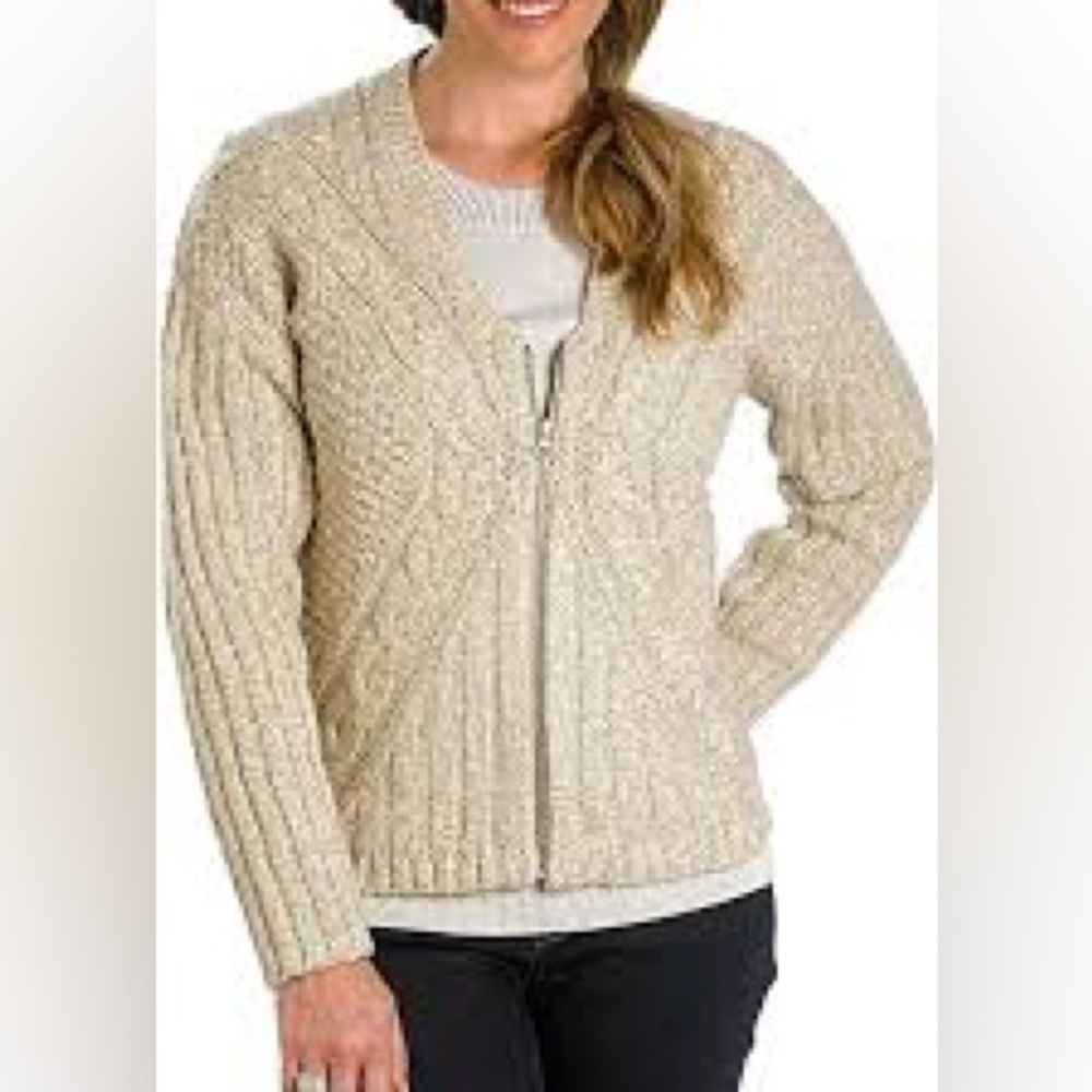 Woolrich Cardigan Sweater Small Beige Cable Knit Ribbed‎ Full Zip Sweater